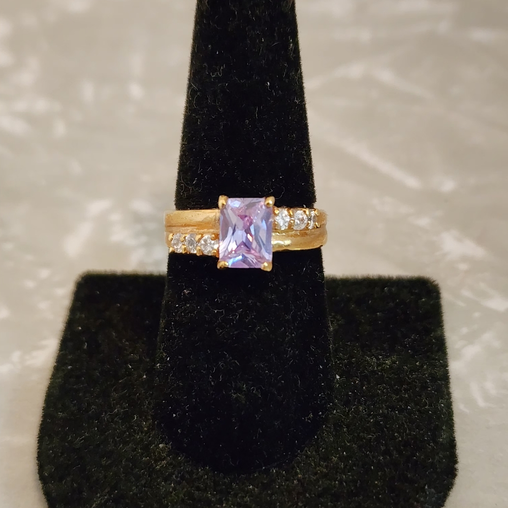 Gold-Tone Ring with Rectangular Lavender Center Stone and Clear Accents